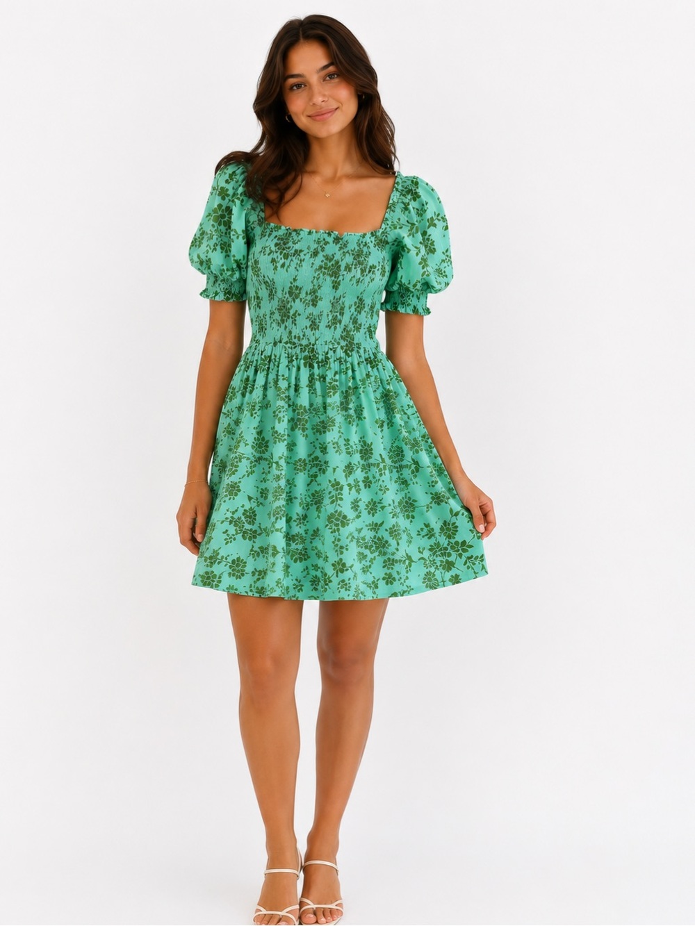 Olivia James The Label Bridget Mini Dress Lagoon Floral Puff Sleeve Cotton Large